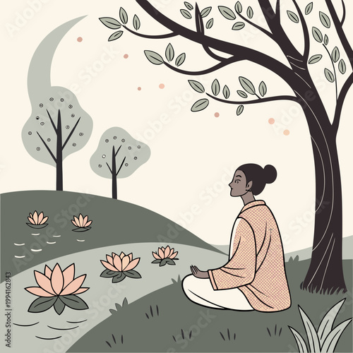 Serene illustration of a person meditating peacefully under a tree by a pond with blooming lotus flowers under a crescent moon depicting tranquility and spiritual well-being mental health self care
