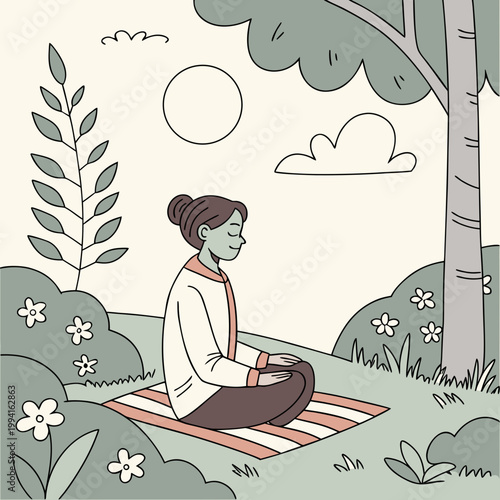 Peaceful illustration of a person meditating outdoors on a striped mat surrounded by lush green foliage trees wildflowers under a sunny sky with mental health self care meditation mindfulness