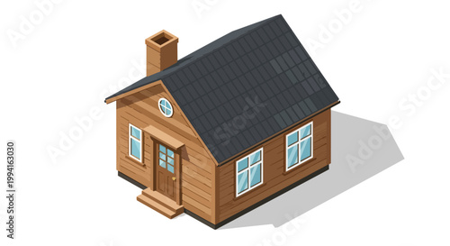 Isometric Small Wooden Cabin House Illustration Vector, 3D Timber Cottage with Chimney and Windows Isolated on White Background