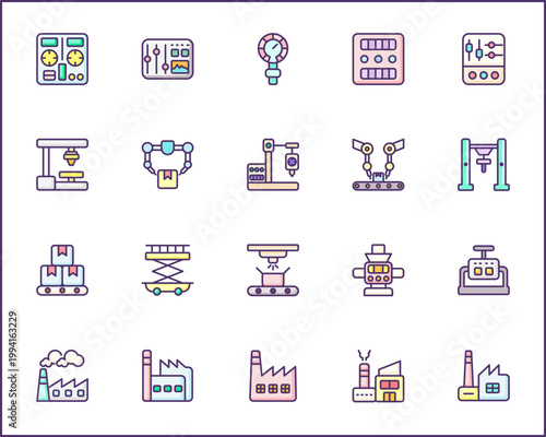 Set of factory and production icons line style. It contains such Icons as industry, manufacturing, product, packaging, assembly, machine, warehouse and other elements.