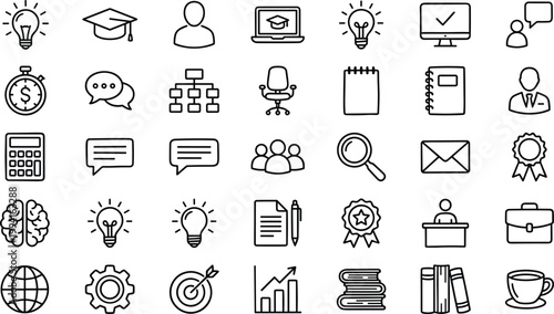 Education and Office Line Icon Set Featuring Learning, Communication, Productivity, Documents, Business Tools, and Academic Elements for School and Workplace Design