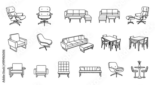 collection of outline furniture icons including sofas chairs and dining sets