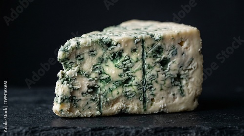 Aged blue cheese wedge on dark slate surface  