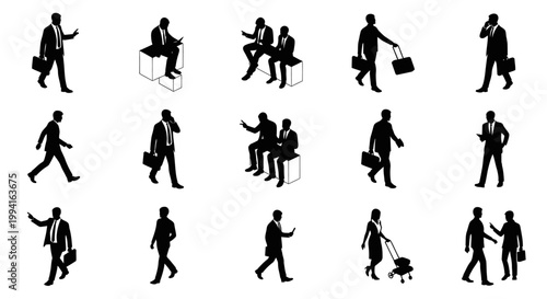 group of black silhouette business people in various poses walking and talking