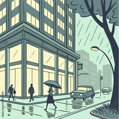 Rainy day urban street corner scene with umbrella building architecture crosswalk commuter sidewalk downtown metropolis streetlamp lifestyle business environment cityscape infrastructure