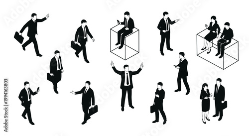 diverse isometric black silhouette business people communicating and working illustrating modern corporate professional activities and teamwork
