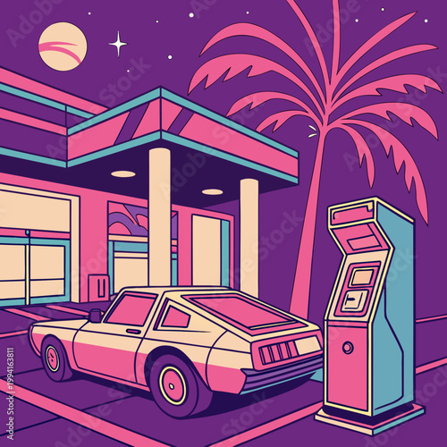 Retro synthwave style arcade machine and car at sunset with neon light sunset glow night sky retro gaming synthwave eighties nostalgia sportscar aesthetic electronics entertainment graphics