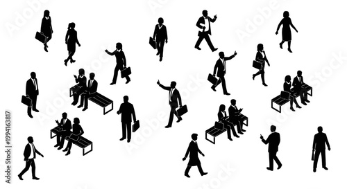 isometric vector business people silhouettes depicting professionals walking interacting and sitting in a modern corporate setting.