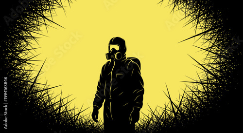 a person in a hazmat suit and gas mask stands amidst dangerous thorny plants illustrating biohazard protection and environmental crisis