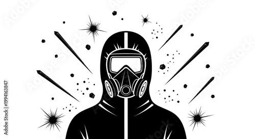 a person in a protective suit and gas mask in a hazardous environment surrounded by dangerous particles symbolizing health crisis protection.