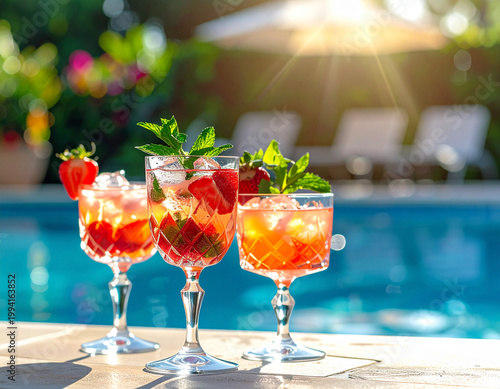 Strawberry cocktails poolside summer sunshine