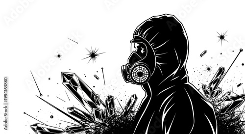 person in a hazmat suit and gas mask wearing protective gear observing a toxic environment with abstract chemical hazards.