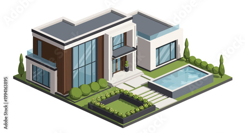 Modern Luxury Villa House with Swimming Pool and Garden Isometric Vector Illustration