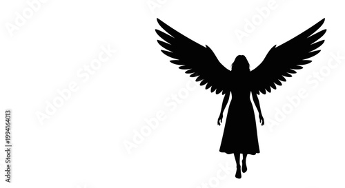 Bilde på lerret Silhouette of a woman with large angel wings standing against a white background