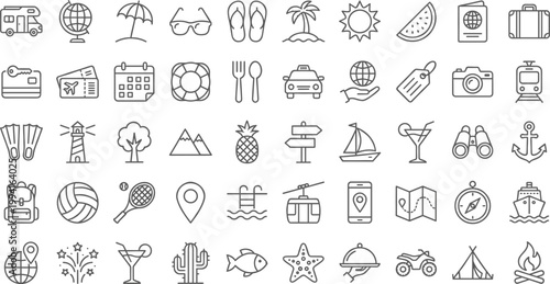 Travel and Vacation Line Icon Set Featuring Tourism, Beach, Adventure, Transportation, Navigation, Outdoor Activities, and Holiday Elements for Trip Planning and Leisure Design