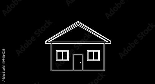 A minimalist outline of a house with a gabled roof and two windows, representing home and shelter in a simple, elegant design