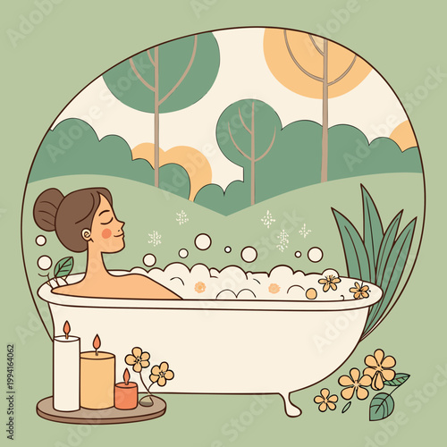 Woman relaxing in bathtub with bubbles and candles illustration self care stress relief relaxing wellness tranquility lifestyle skincare serenity peaceful bathroom recharge enjoyment