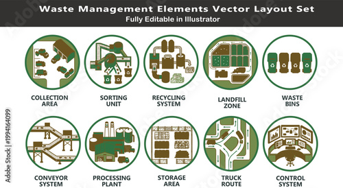 Waste processing vector icons set, top view management layout symbols, collection, sorting, recycling, landfill, conveyor systems, plant CAD design