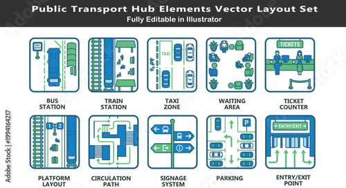 Transport hub vector icons set, top view transit layout symbols, bus station, train platforms, taxi zones, ticket counters, circulation CAD plan