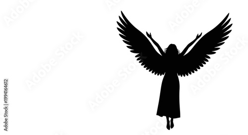 Black silhouette of a female angel with large wings outstretched on a white background.