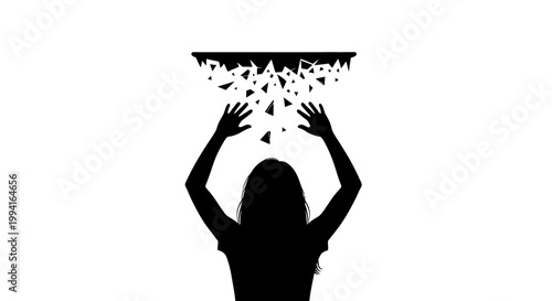 Silhouette of a person with raised arms under shattering glass debris.
