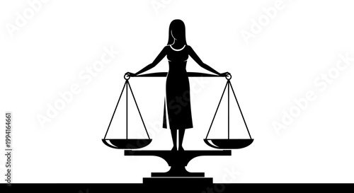 Silhouette of a woman balancing scales of justice on a pedestal.