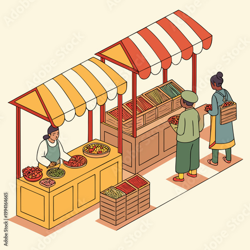 Isometric illustration of an outdoor food market stall with vendors and customers shopping isometric illustration business commerce customer merchant vegetables marketplace community