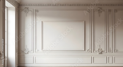A beautifully designed white wall with intricate molding and a large window