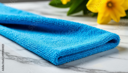 Blue Cleaning Cloth on White Marble Surface Housekeeping Supplies Flat Lay
