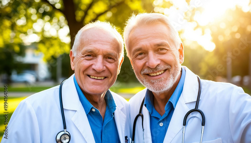 Two Doctor Colleagues Taking a Photo Together in Summer Park for Memory and Team Bonding | Friendship at Work Concept