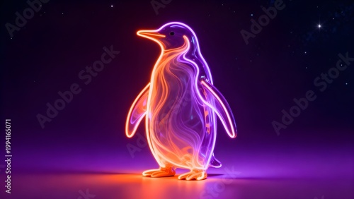 A vibrant 3D glass penguin with glowing orange and purple neon outlines, standing against a dark cosmic background with stars.