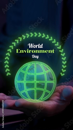Ecological, ESG, renewable green energy and save the world sustainable. Sharing, reusing and environmental care. Businessman showing earth global with world environment day icon.