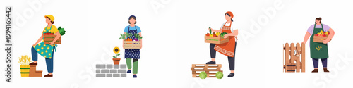 Set of four female farmers and gardeners carrying wooden crates filled with fresh organic vegetables and fruits from their harvest.