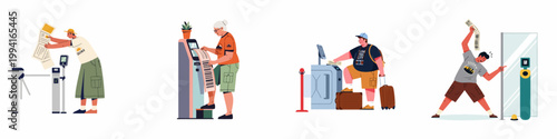 Illustration set of tourists using automated check-in kiosks, ticket scanners, and security gates at airports or public venues.