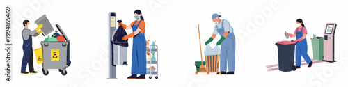 Illustrations of professional waste management workers and janitors collecting, sorting, and disposing of garbage in various bins and recycling containers.