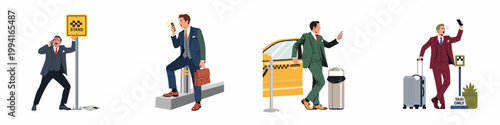 Set of illustrations depicting stressed businessmen in suits shouting on their phones while waiting at taxi stands and catching a yellow cab.