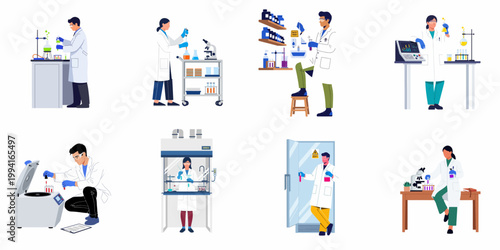 Set of flat vector illustrations of scientists and researchers working with laboratory equipment for chemical, biological, and medical experiments.
