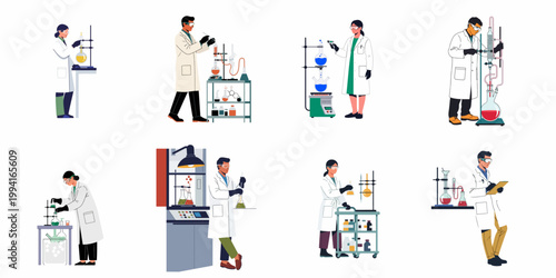 Set of diverse scientists and researchers conducting experiments with laboratory equipment, flat vector illustrations isolated on a white background.
