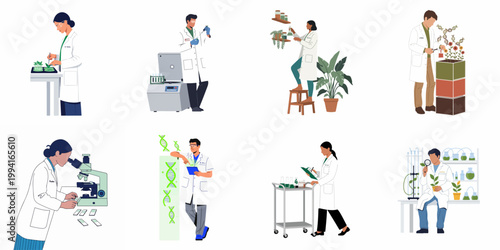 Collection of diverse scientists and researchers conducting experiments, analyzing plants, and working on genetic engineering in a modern laboratory environment.