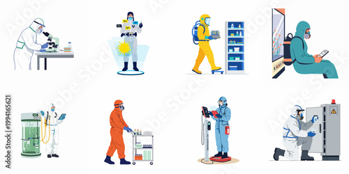 Set of scientists and technicians wearing protective hazmat suits while working with advanced laboratory equipment, samples, and conducting research.