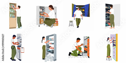 Flat illustration set of laboratory workers organizing medical supplies, test tubes, and chemical equipment in cabinets and storage units.