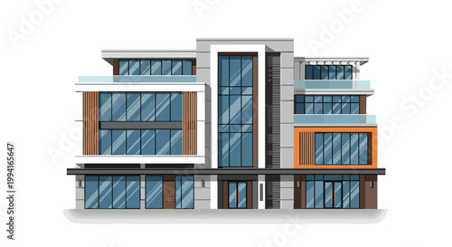Modern Multi-Storey Commercial Office or Luxury Apartment Building with Glass Facade and Contemporary Architectural Design Vector Illustration