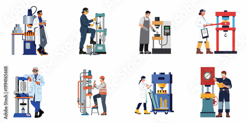 Set of isolated illustrations featuring diverse industrial professionals operating machinery, conducting quality control, and performing scientific testing in various workplace settings.