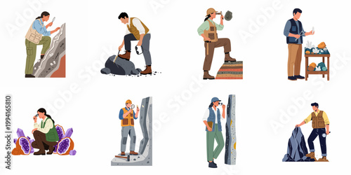 Flat Vector Set of Geologists, Mineralogists, and Paleontologists Examining Various Rocks, Crystals, and Fossils with Scientific Tools on White Background