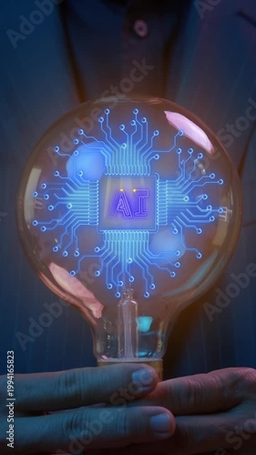Businessman showing AI artificial intelligence icon in glowing light bulb. Machine learning concept, big data, innovation technology, cloud computing, futuristic, internet network communication.
