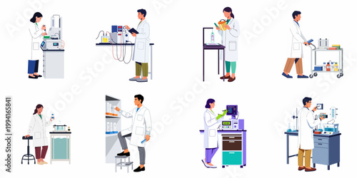 Collection of diverse male and female scientists in white lab coats conducting research and experiments using professional laboratory equipment.