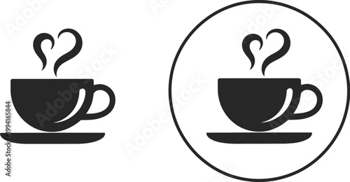 Coffee cup icon, simple black silhouette of steaming hot beverage on white background for coffee shop logo and drink illustration.