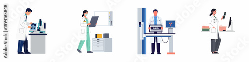 Set of medical professional illustrations showing radiologists analyzing X-ray scans and using diagnostic imaging equipment in a hospital or clinic setting.