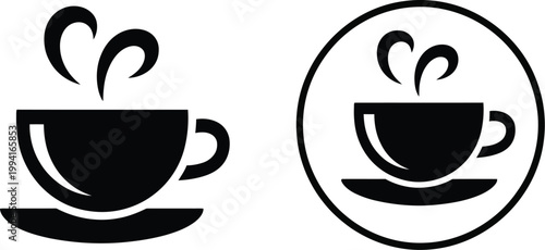 Coffee cup icon, black vector illustration of hot steaming beverage isolated on white background for cafe drink and menu design.