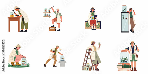 Set of entomologist characters studying and collecting various insects like butterflies, beetles, and grasshoppers in a laboratory or field setting.